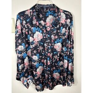 Torrid Dark‎ Floral Button Down Blouse Womens 2X Black Satin Feel Whimsigoth L/S